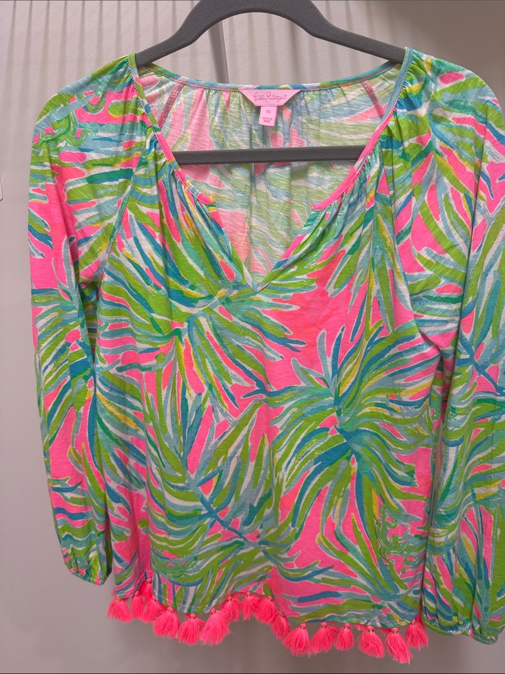 Lilly Pulitzer Pink Tropical Palm Print Tassel Hem Blouse
